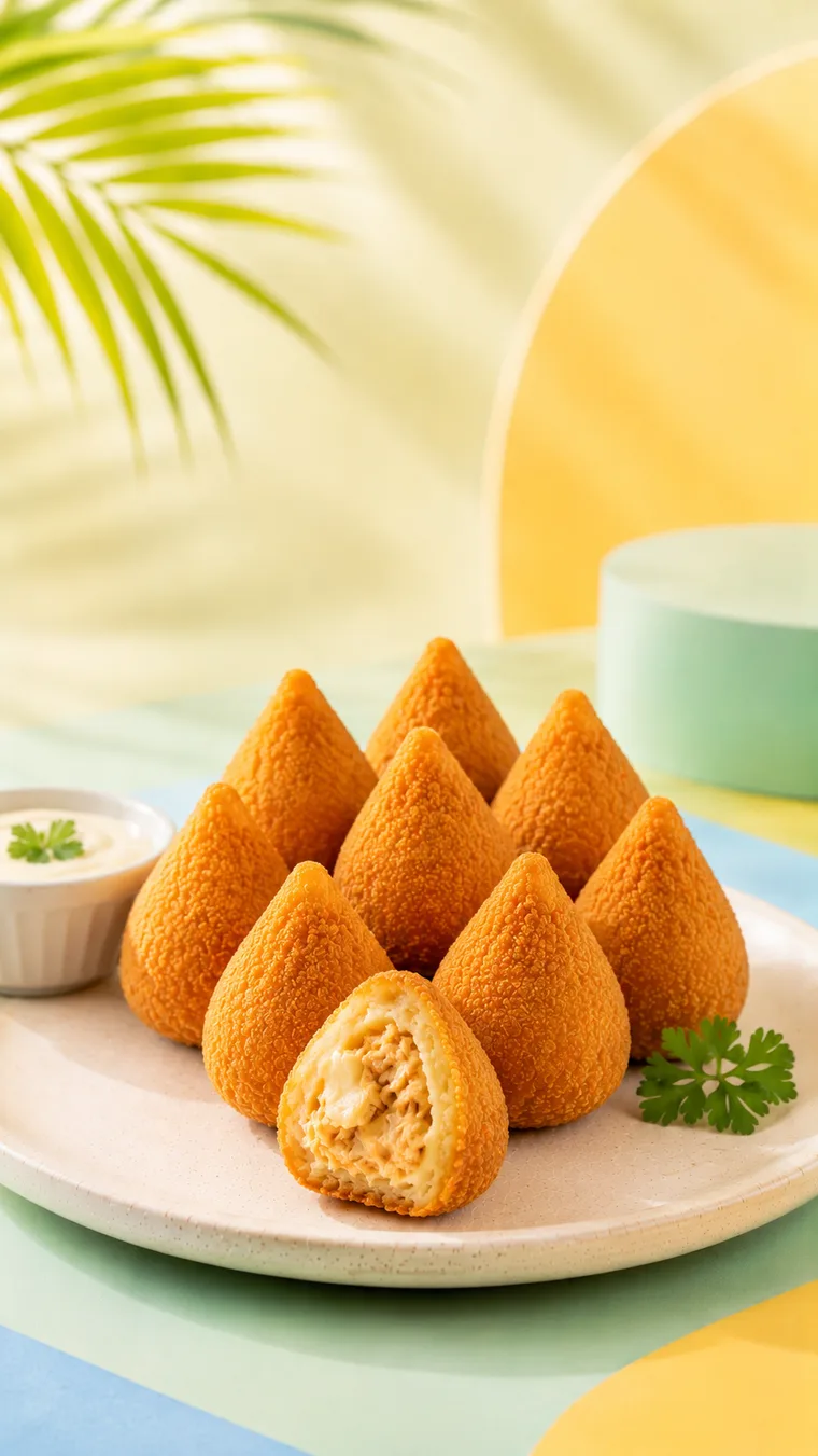 Golden fried coxinha, teardrop-shaped chicken croquette