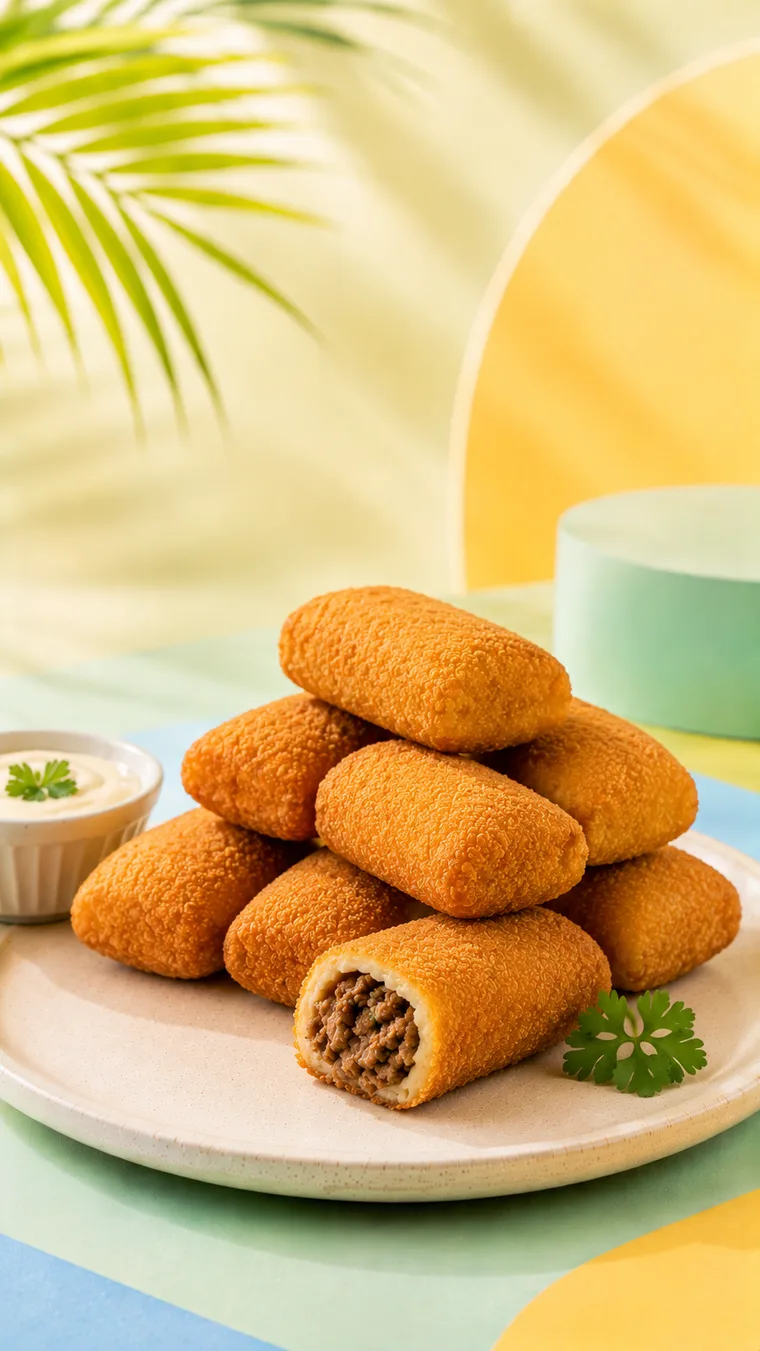 Crisp breaded Brazilian risoles de carne, fried meat rolls